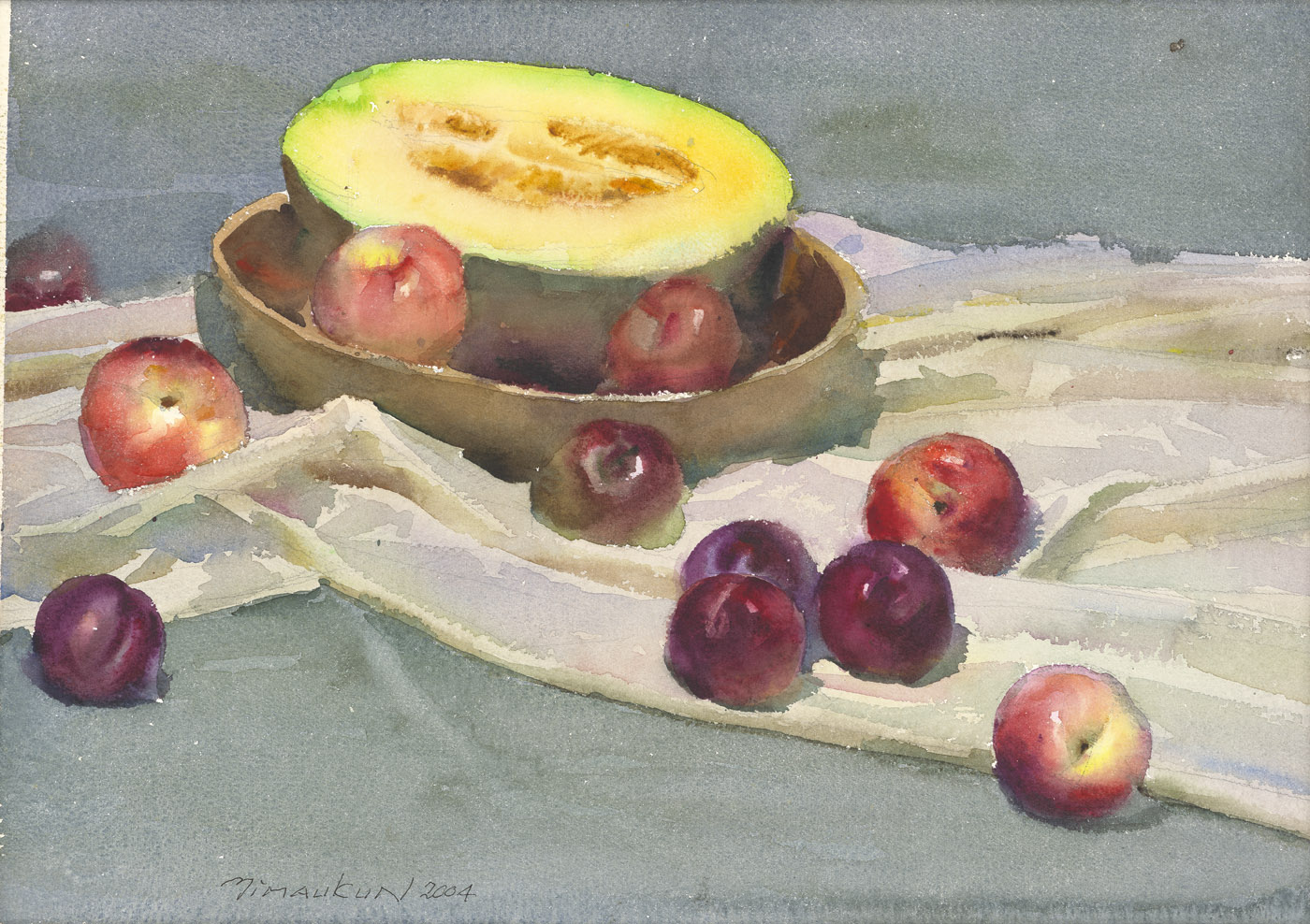 哈密瓜與紅李 水彩 36×51cm 2004