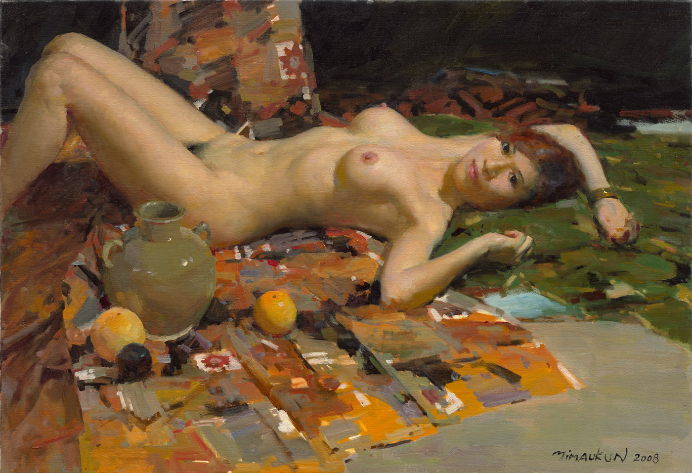 Ceramic Vessel, Floral Fabric, Nude by Yim Mau-Kun, oil, 80×116cm